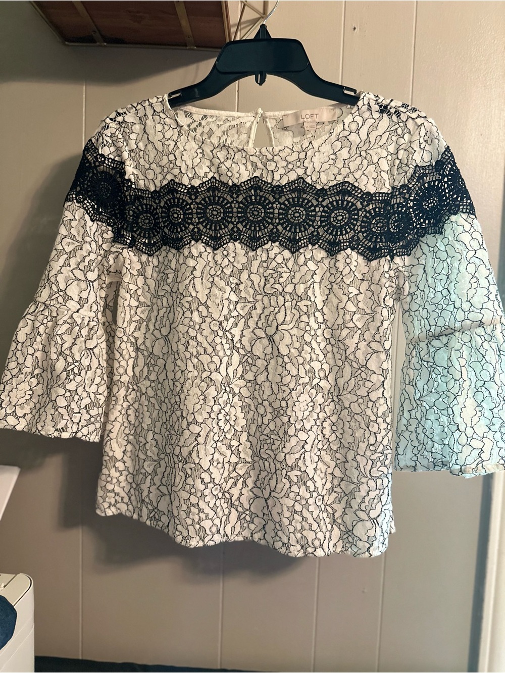 LOFT White Lace Blouse with Black Crochet Band